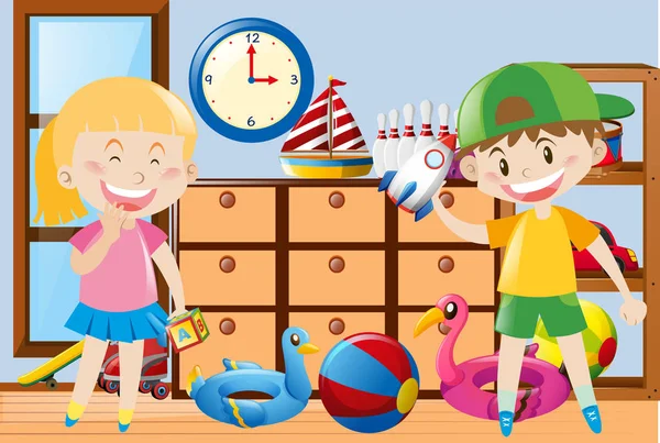 Niño y niña jugando juguetes en la habitación — Vector de stock