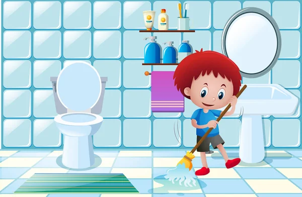 Boy cleaning wet floor in bathroom — Stock Vector