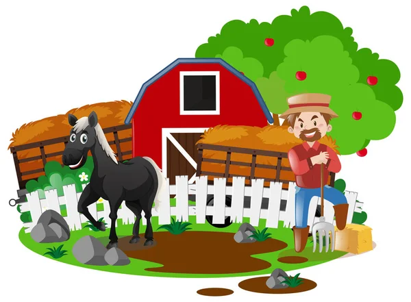 Agricultor y caballo en la granja — Vector de stock