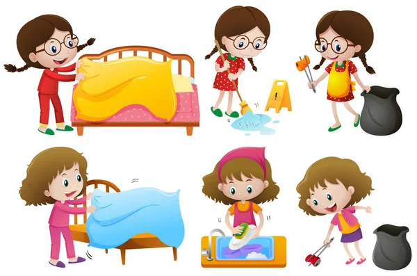 Farklı ev işleri yaparak kızlar — Stok Vektör