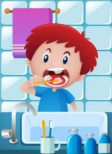 男孩在浴室里刷牙 — 图库矢量图片