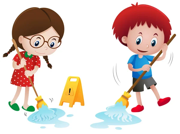 Pojke och flicka mopping våta golv — Stock vektor