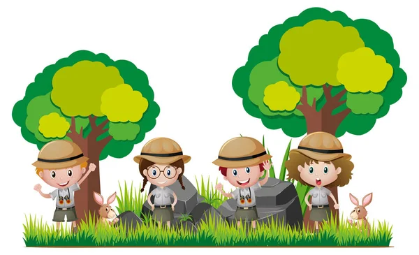 Vier Kinder im Safari-Outfit wandern im Wald — Stockvektor