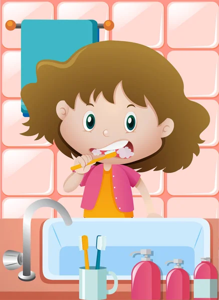 Dziewczyna szczotkowanie zębów w zlewie — Wektor stockowy