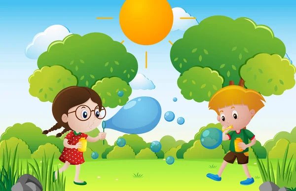 Kids blowing bubbles in the park — Stock Vector