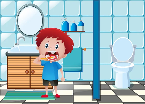 Tuvaletteki diş fırçalama çocuk — Stok Vektör