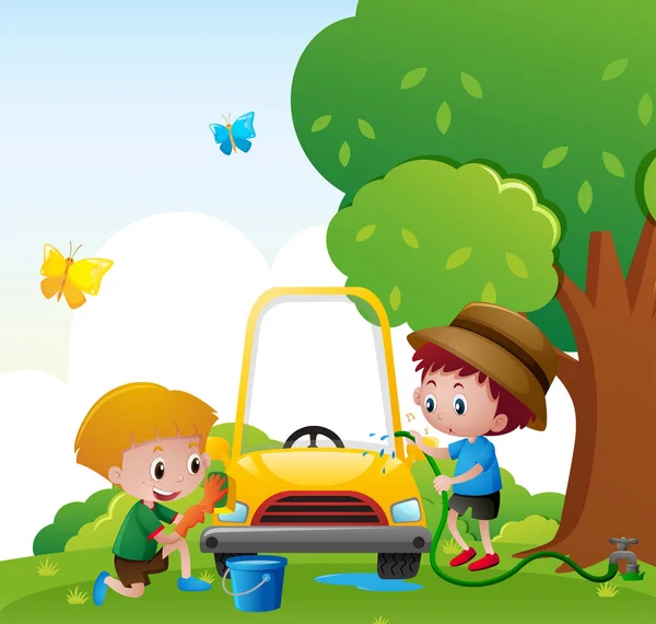 Två pojkar tvätta bilen i parken — Stock vektor
