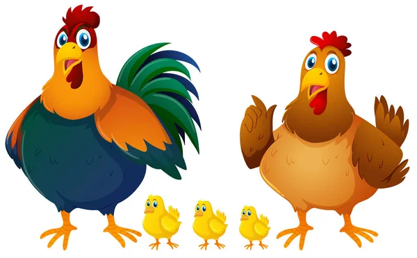 Chicken family with three chicks — Stock Vector