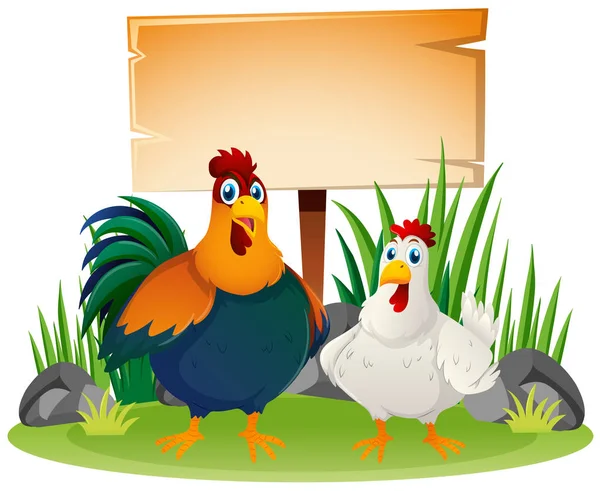 Signe en bois et deux poulets — Image vectorielle