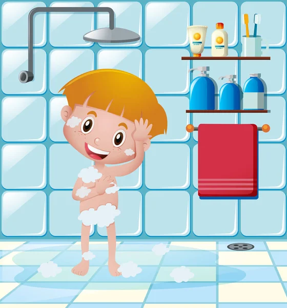 少年はバスルームでシャワーを浴びて — ストックベクタ