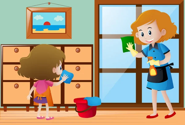 Dziewczyna i pokojówka, sprzątanie domu — Wektor stockowy