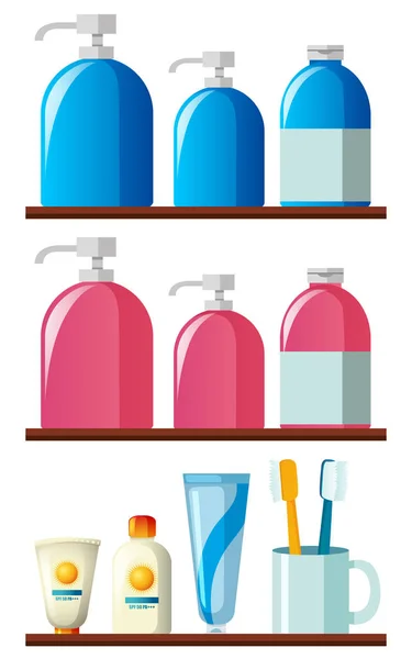 Botellas de champú y cepillos de dientes en los estantes — Vector de stock