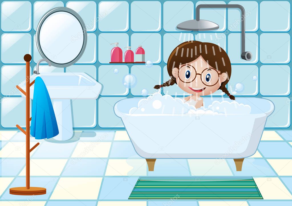 Little girl taking shower in bathroom