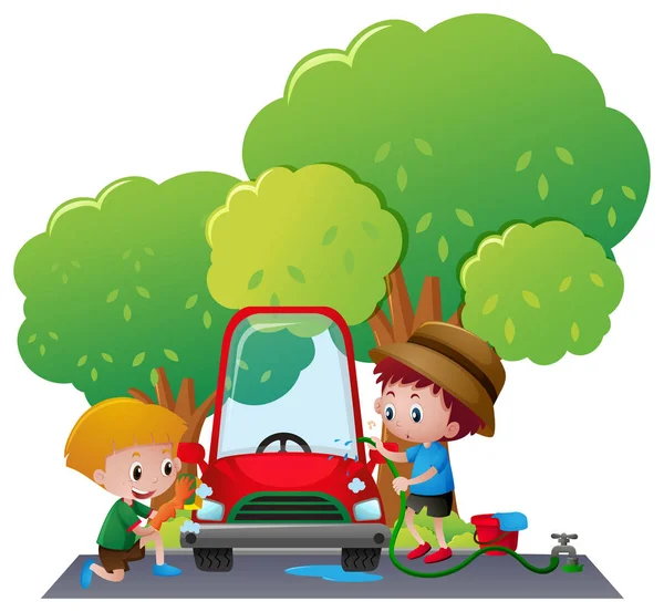 Two boys washing car in the park — Stock Vector