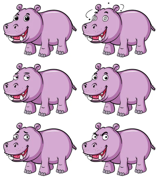 Hippo dalam enam emosi yang berbeda - Stok Vektor