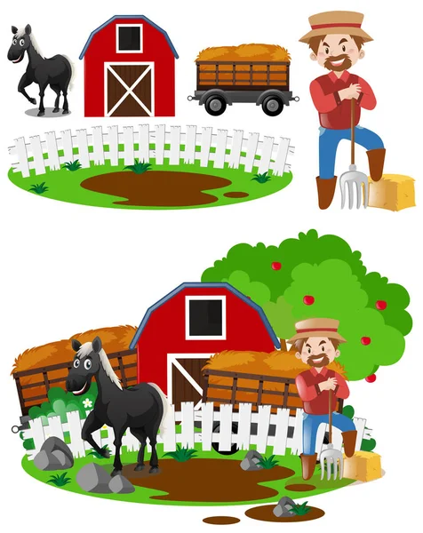 Agricultores y caballos en la granja — Vector de stock