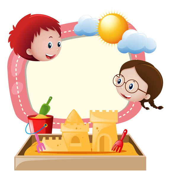 Шаблон границы с мальчиком и девочкой, играющими в песок
