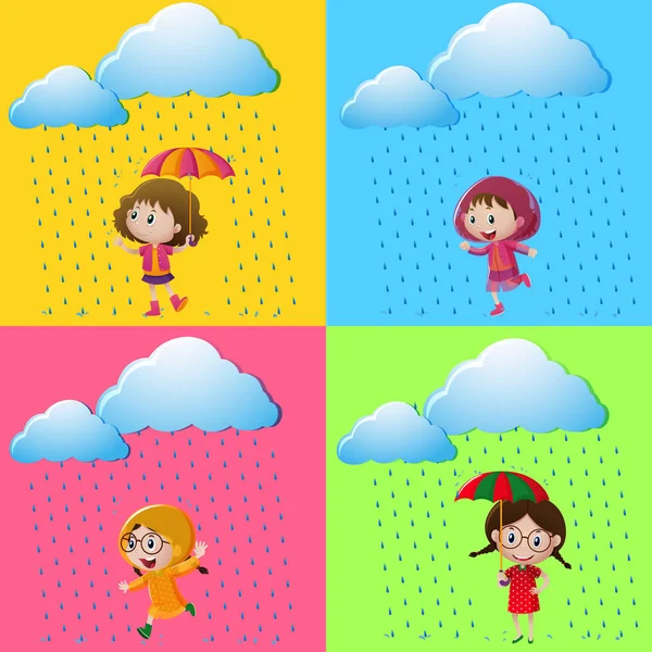 Scener med flickor i regnet — Stock vektor