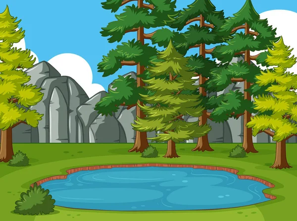 Escena con pinos alrededor del estanque — Vector de stock