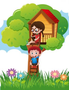İki çocuk okuma treehouse kitap
