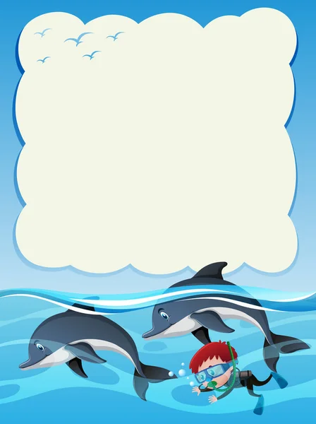 Modèle de frontière avec garçon plongeant avec deux dauphins — Image vectorielle