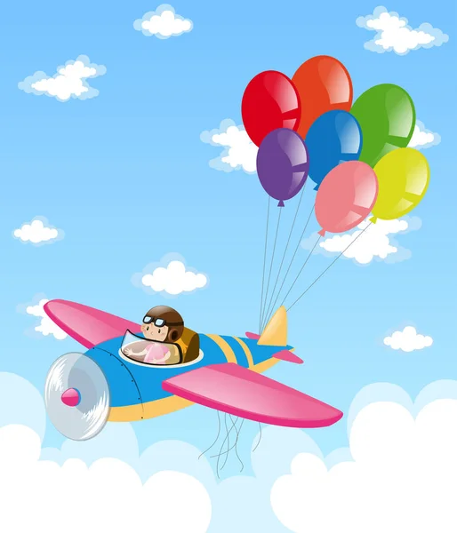 Chico volando jet con globos en el cielo — Vector de stock