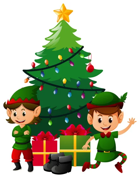 Dos elfos de Navidad bajo el árbol de Navidad — Vector de stock