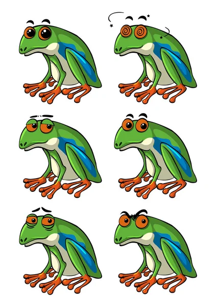 다른 얼굴 표정으로 녹색 개구리 — 스톡 벡터