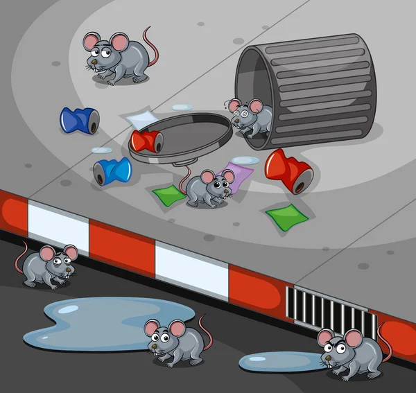 Ratten durchsuchen Mülleimer auf dem Bürgersteig — Stockvektor