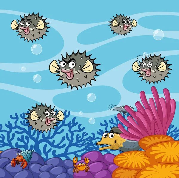 Poisson-globe nageant sous l'océan — Image vectorielle