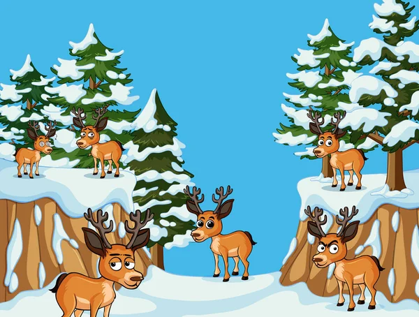 Many deers in snow mountain