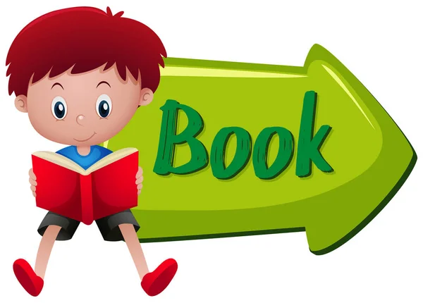 Boy reading book at book sign — Stock Vector