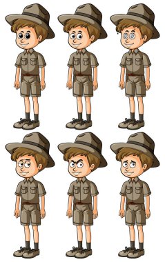 Adam safari kıyafetiyle farklı ifadeler ile