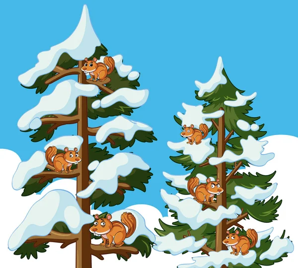 Wiewiórki, wspinaczka drzewa w zimie — Wektor stockowy