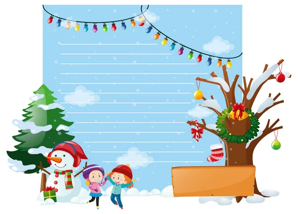 Ligne papier avec enfants et bonhomme de neige — Image vectorielle