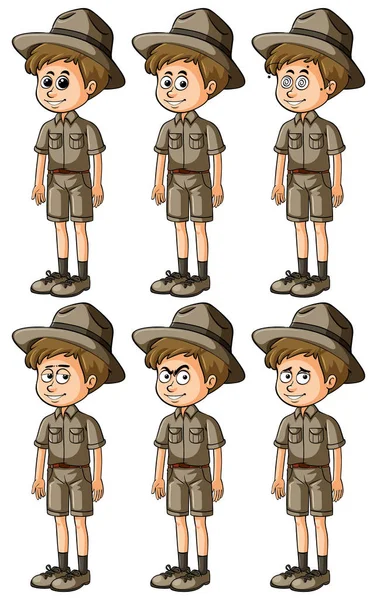 Adam safari kıyafetiyle farklı ifadeler ile