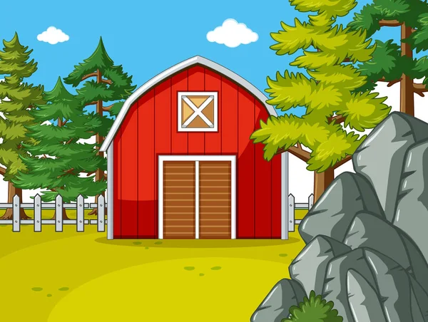 フィールドに赤い納屋と農場のシーン — ストックベクタ