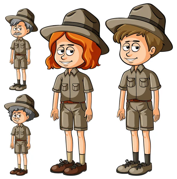 Diferentes personajes en traje de safari — Vector de stock