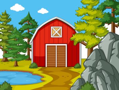 Su birikintisi kırmızı ahırın ile sahne