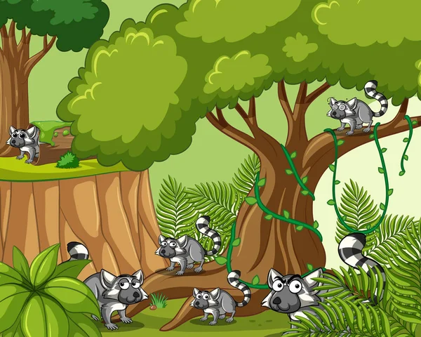 Scène avec des lémuriens dans la forêt — Image vectorielle