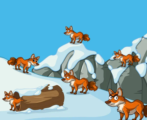 Muitas raposas na montanha de neve — Vetor de Stock