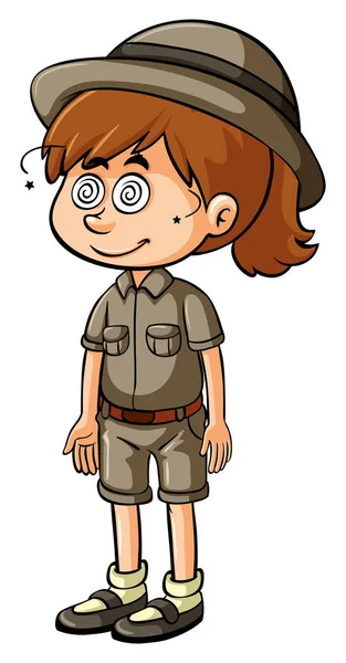 Niña en traje de safari con la cara mareada — Vector de stock