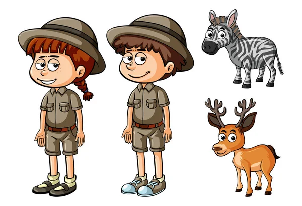 Two people in safari outfit and wild animals