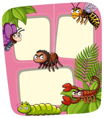 Bahçe içinde birçok böcek şablonuyla kenarlık