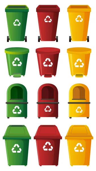 Verschiedene Designs von Mülltonnen in drei Farben — Stockvektor