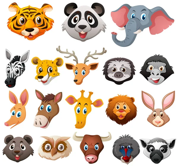 Différents visages d'animaux sauvages — Image vectorielle