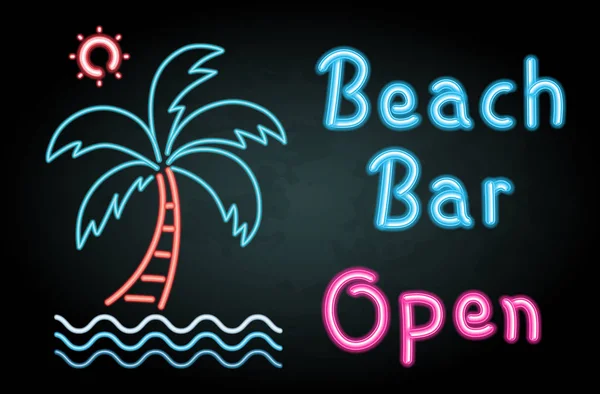 Luz de neón con palabra bar de playa abierto — Archivo Imágenes Vectoriales