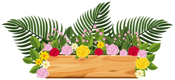 バラと葉の上に木の板 — ストックベクタ