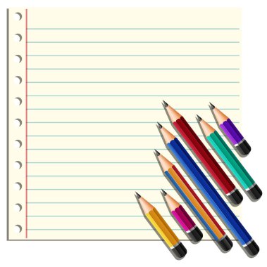 Çizgi kağıt ve sağda birçok kalem