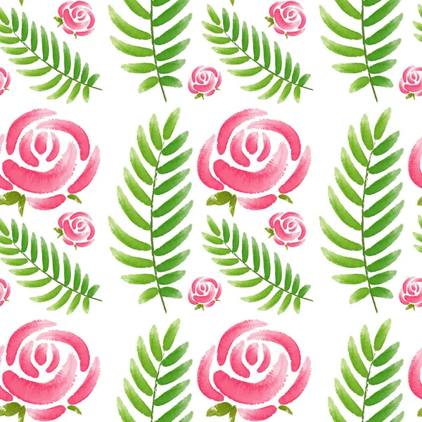 Naadloze ontwerp met roze rozen en groene bladeren — Stockvector